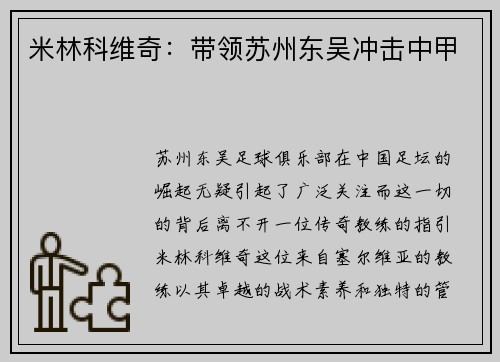 米林科维奇：带领苏州东吴冲击中甲